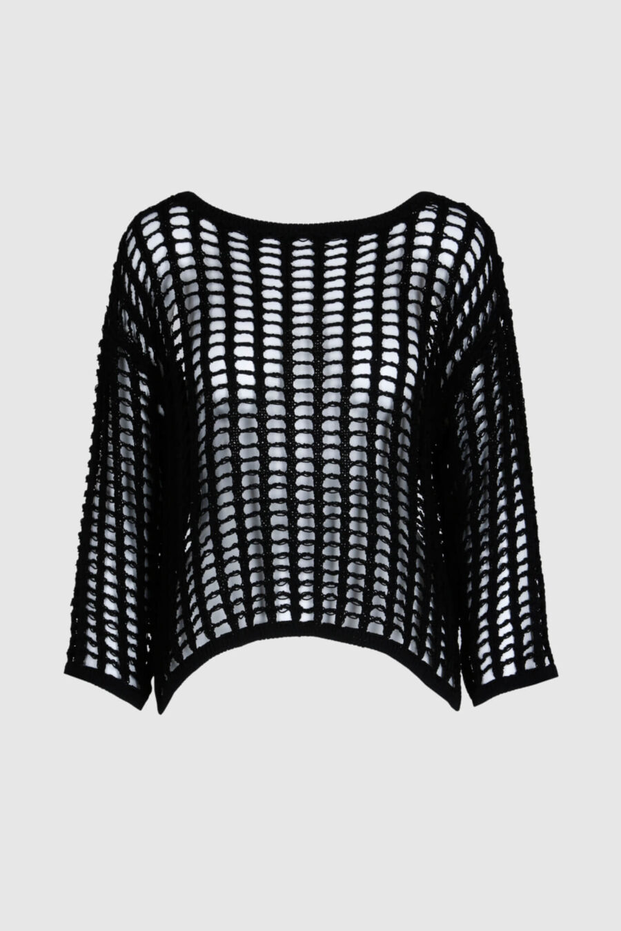 Schwarzer Pullover in Häkeloptik, verkürzter Arm, transparent, casual Look, Uni