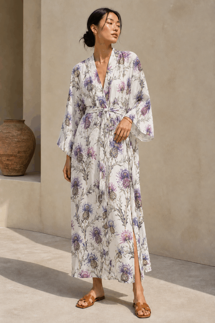 Seiden-Kimono-Kleid mit Print und Bindegürtel