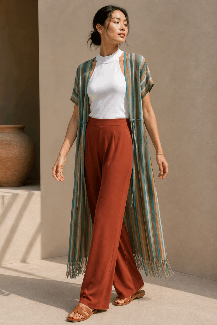 Poncho mit Fransen in Blau, Grün, Gold und Braun